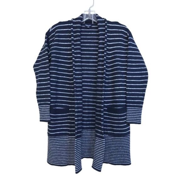 Splendid Wool Blend Cardigan Sweater Needle Stripe in Navy & Natural XS - Picture 3 of 8